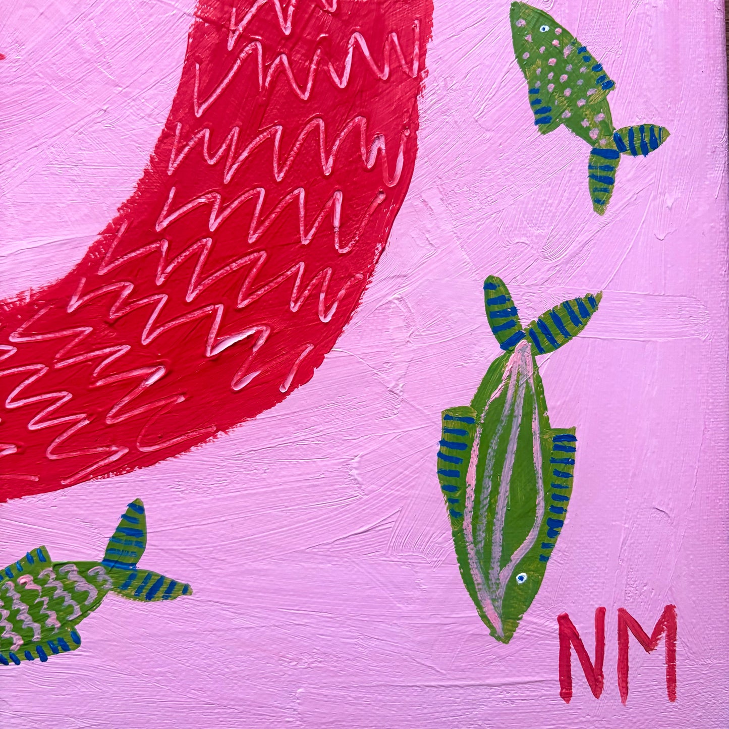 Red crocodile in the pink sea.