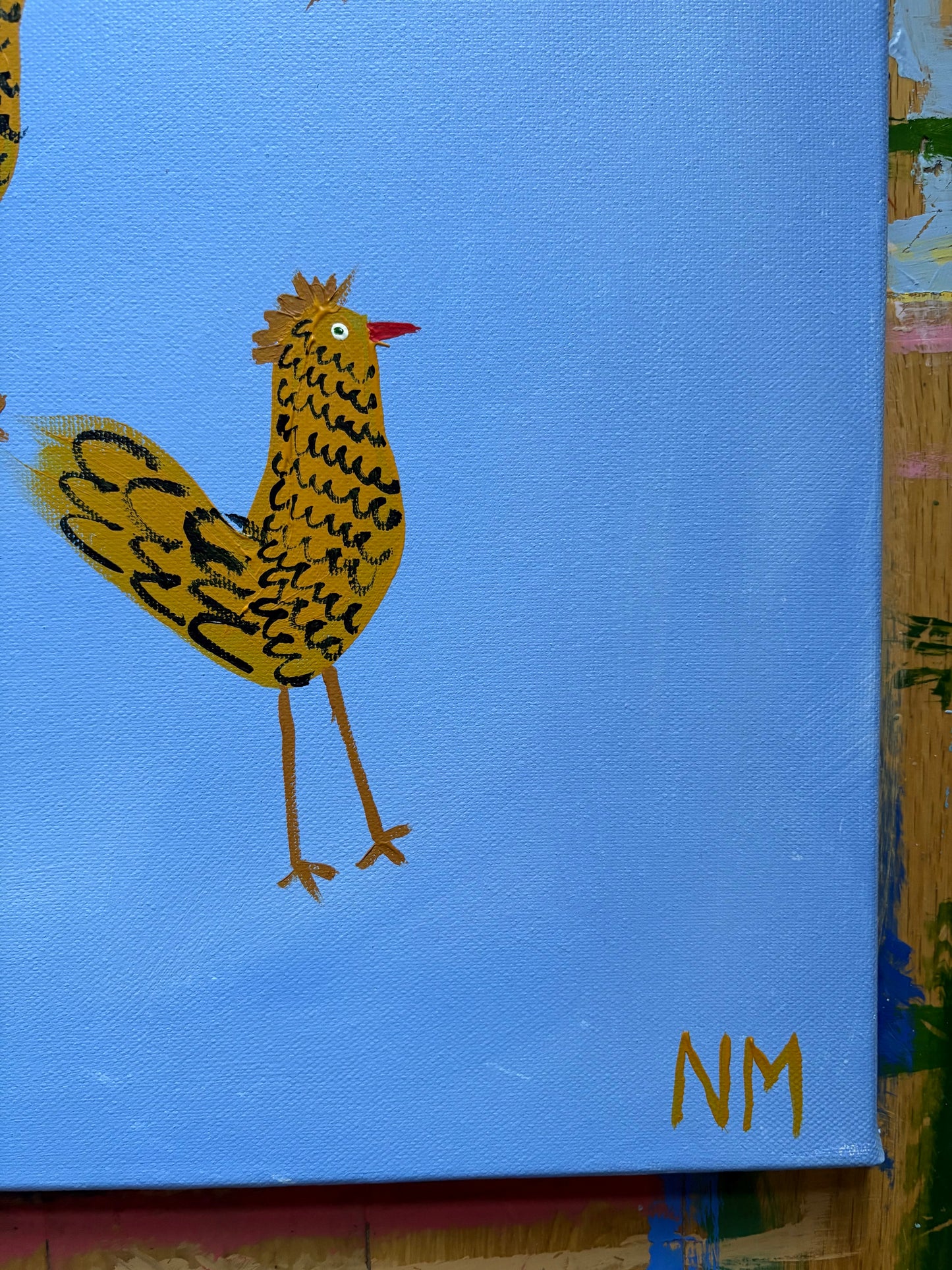 Chickens on blue.