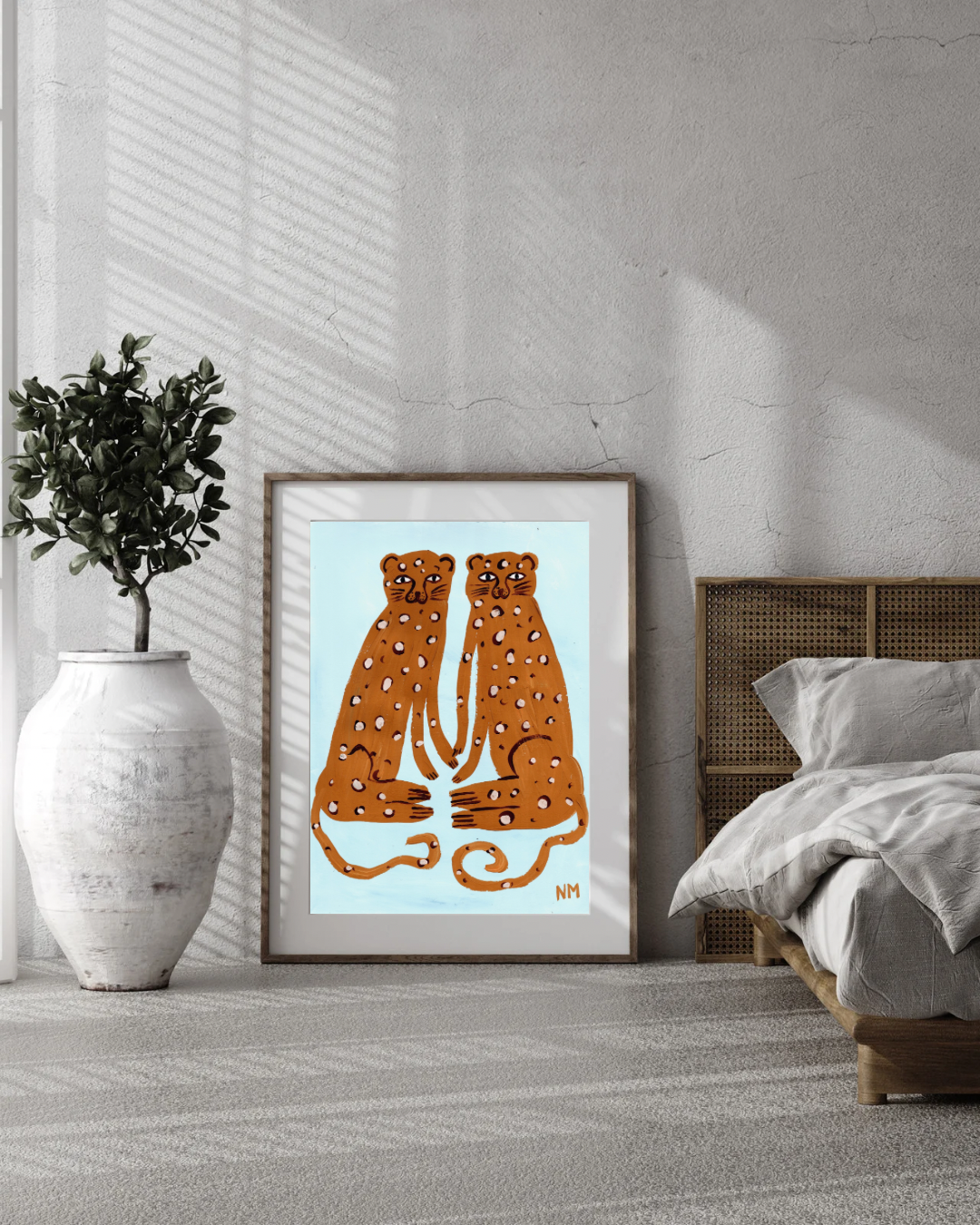 Two leopards on blue print.