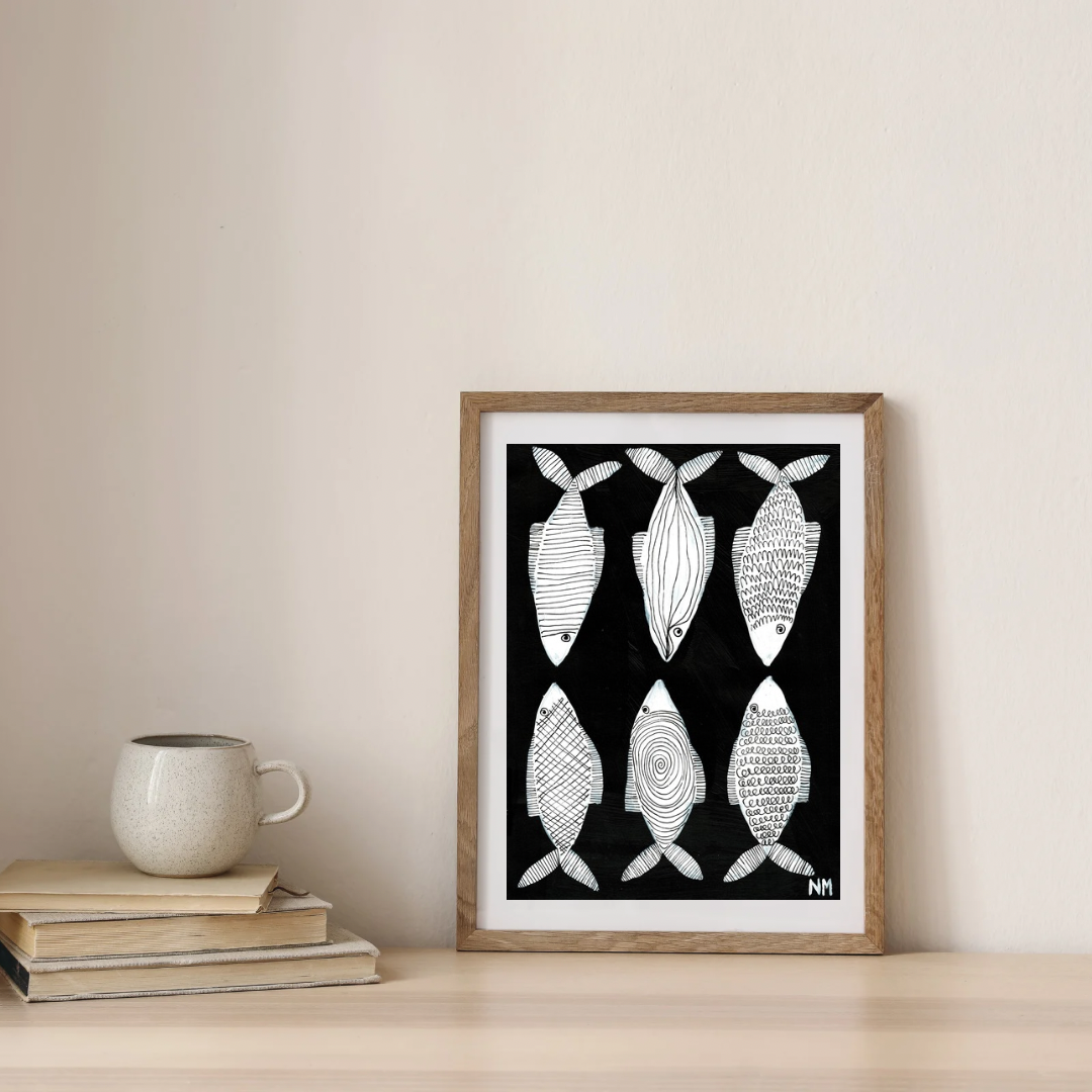 Six white fish print.