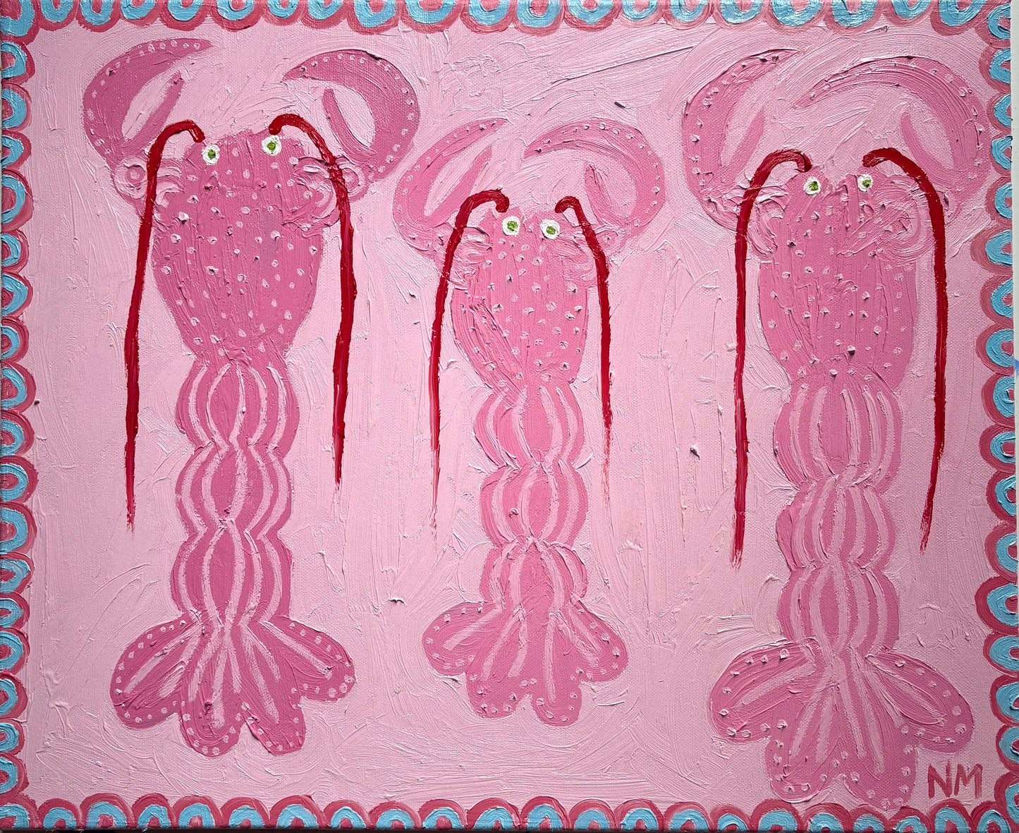 Three pink lobsters.
