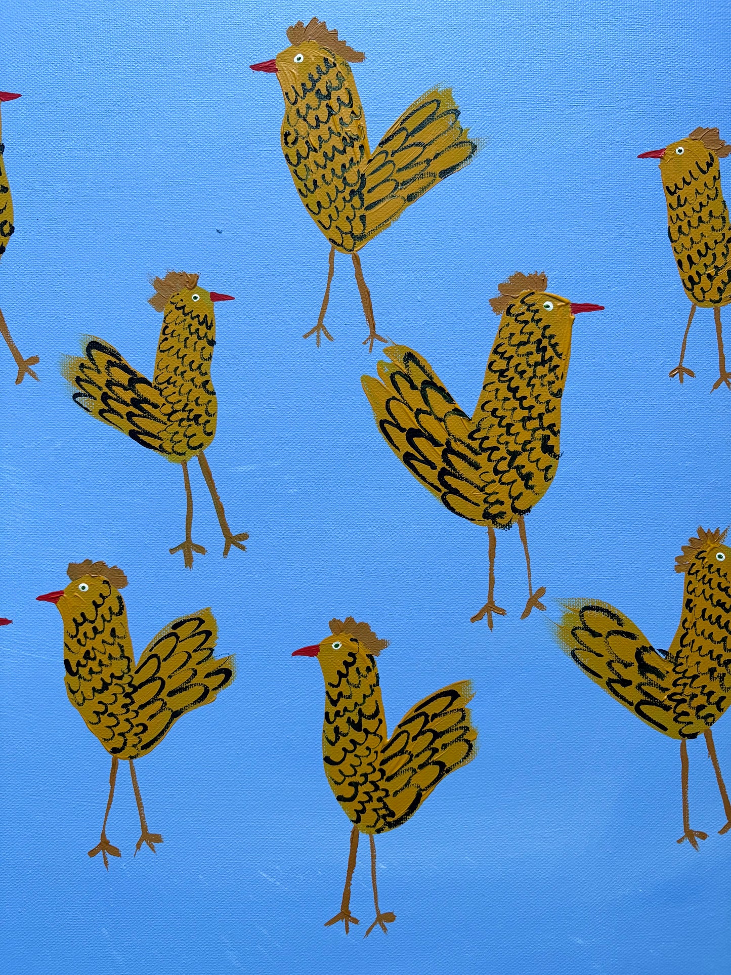 Chickens on blue.