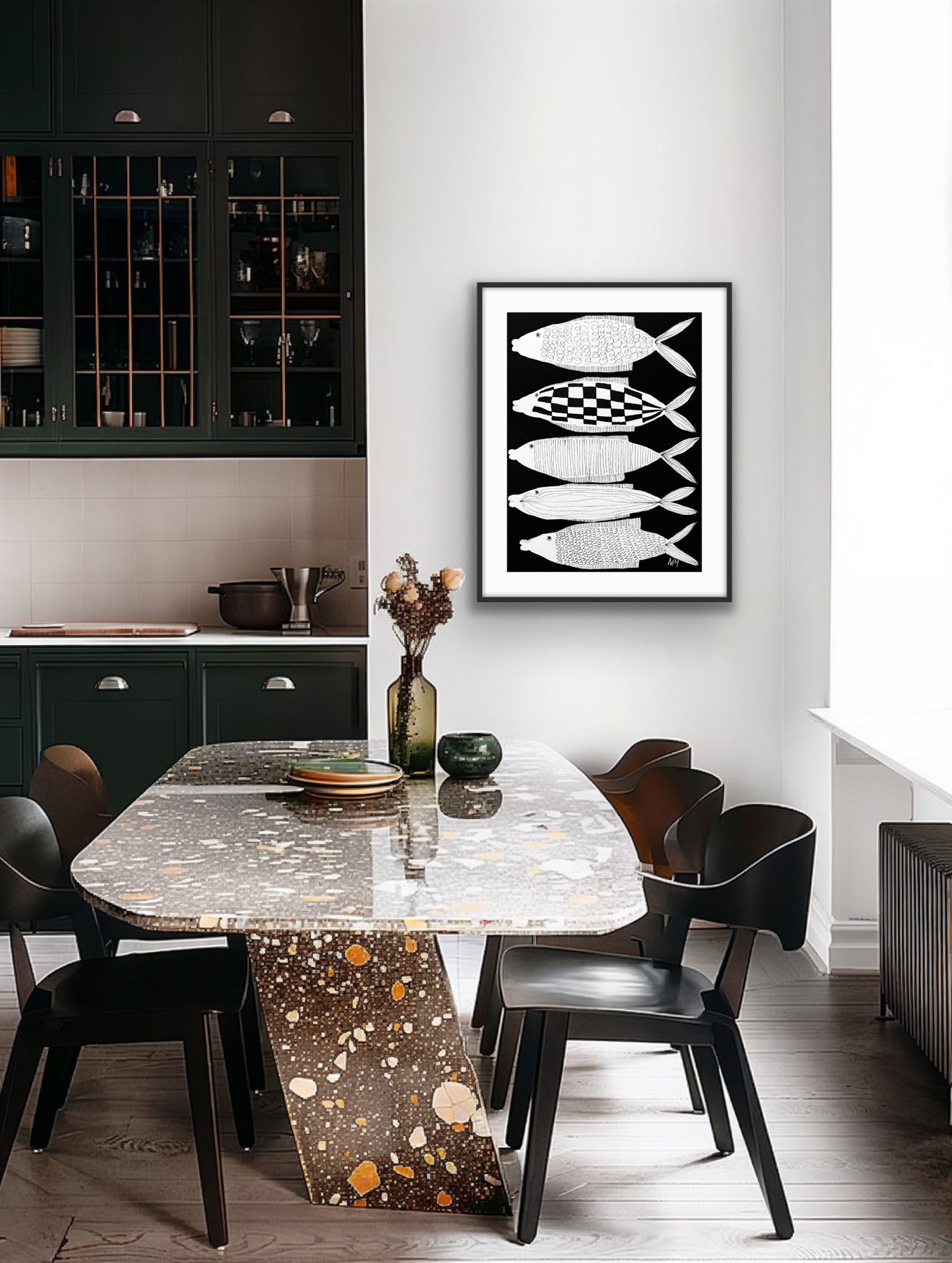 Five white fish print.