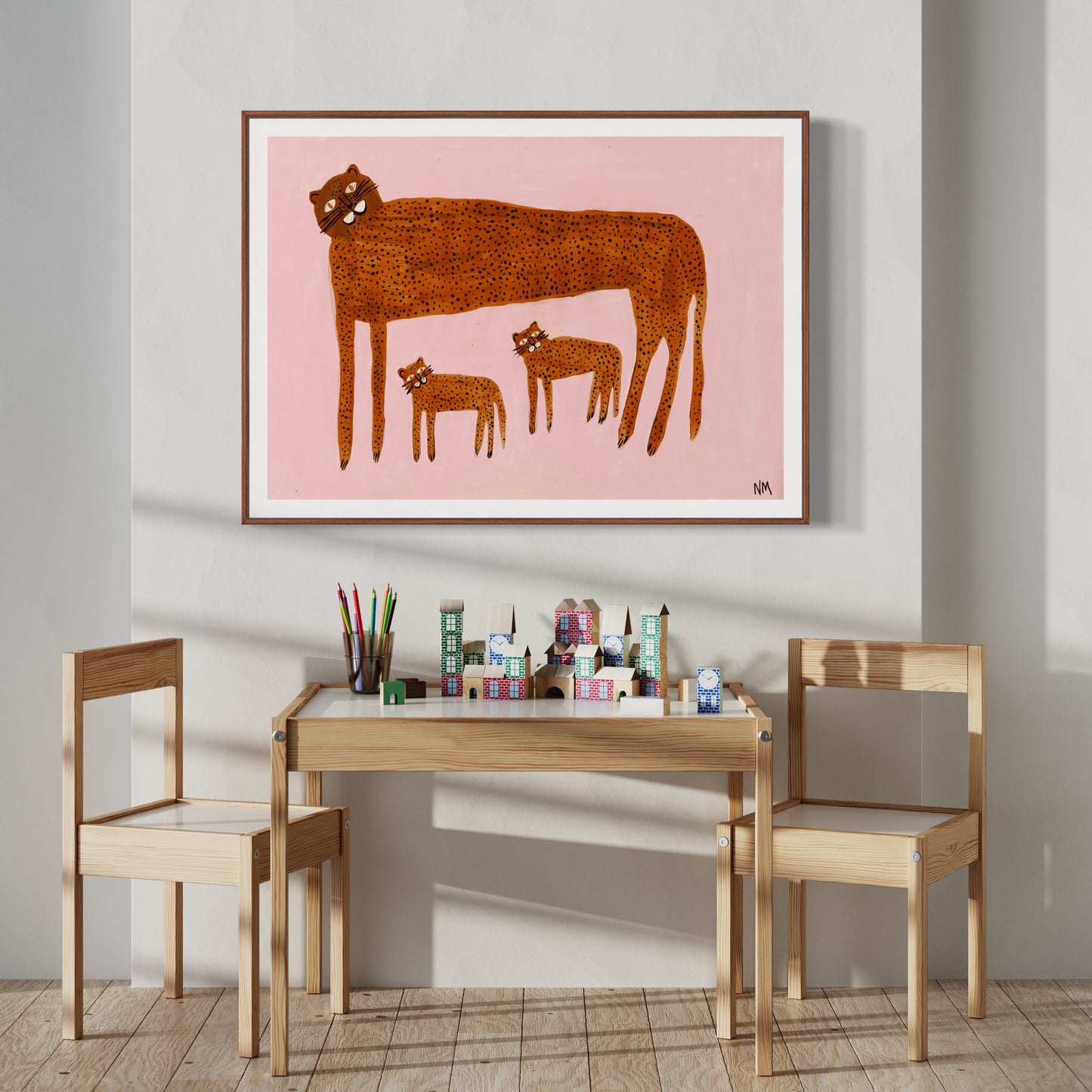 Leopard and babies on pink