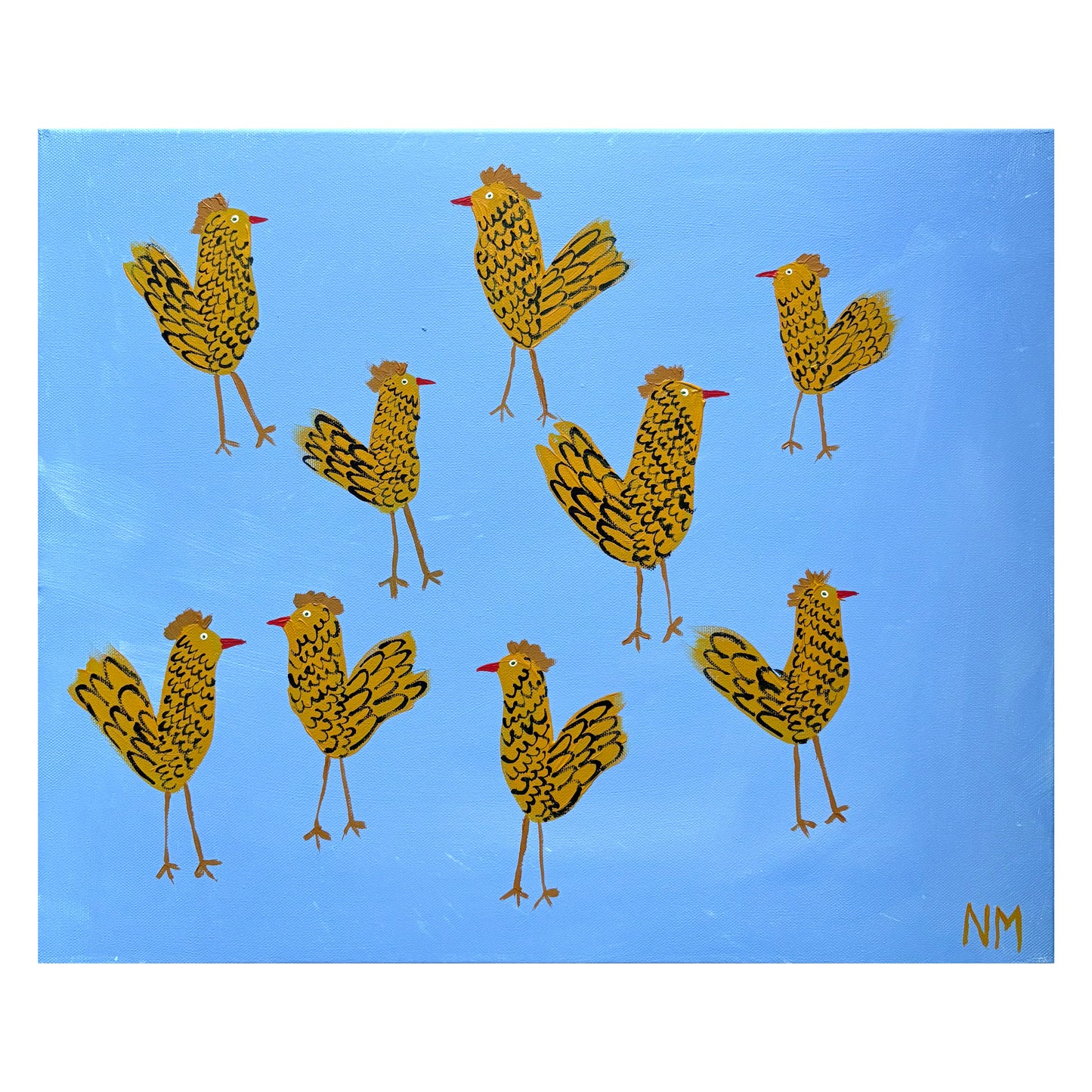 Chickens on blue.