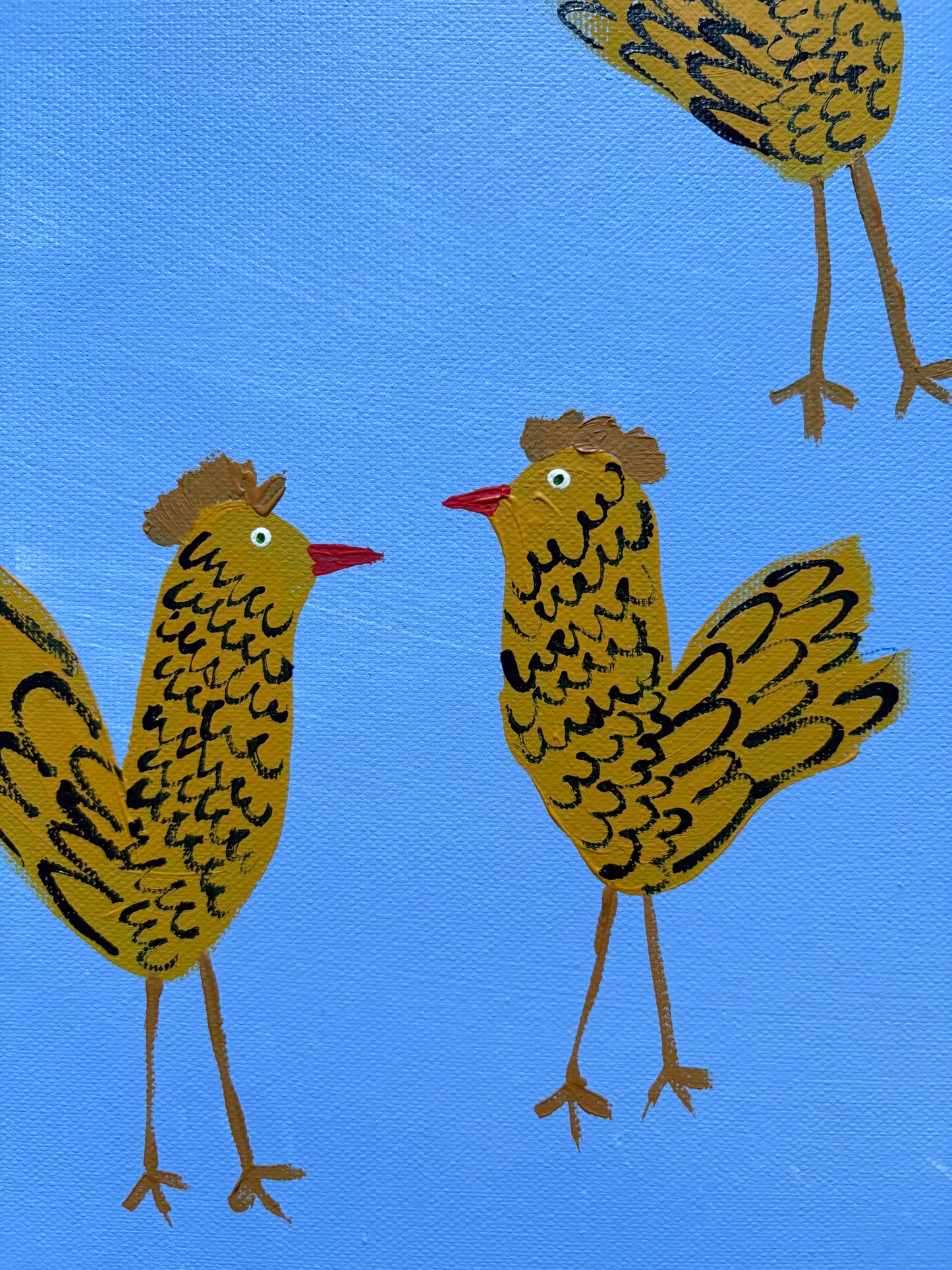Chickens on blue.