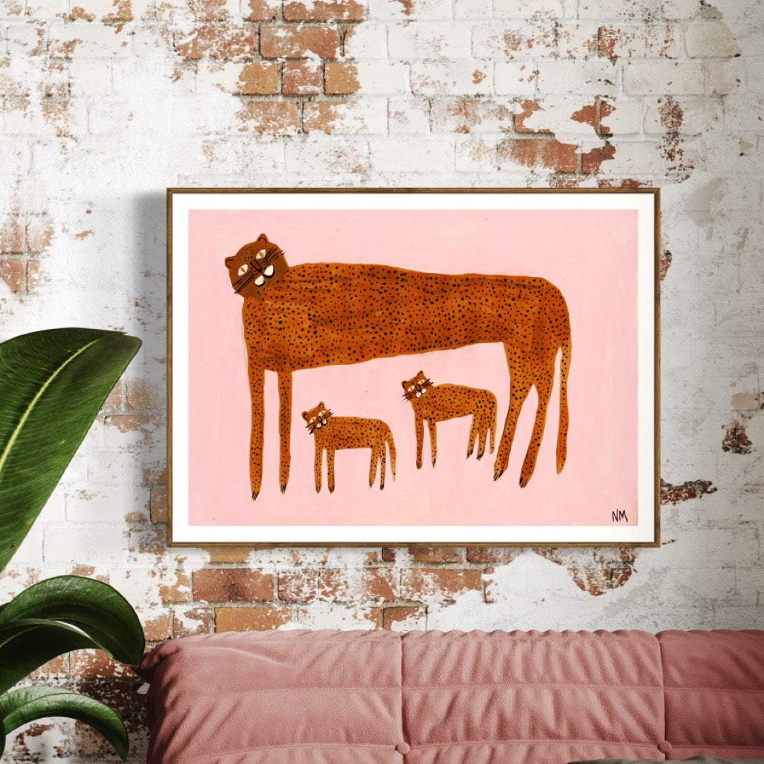 Leopard and babies on pink