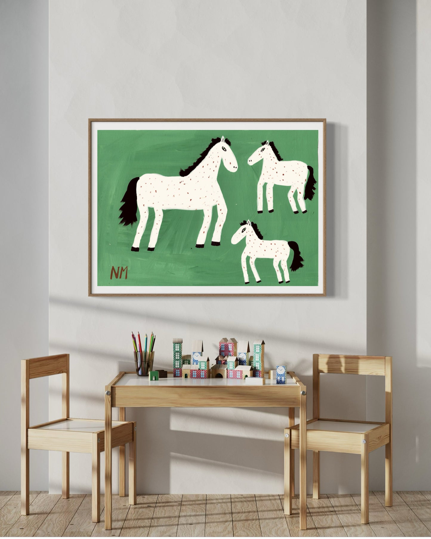 White horse print.