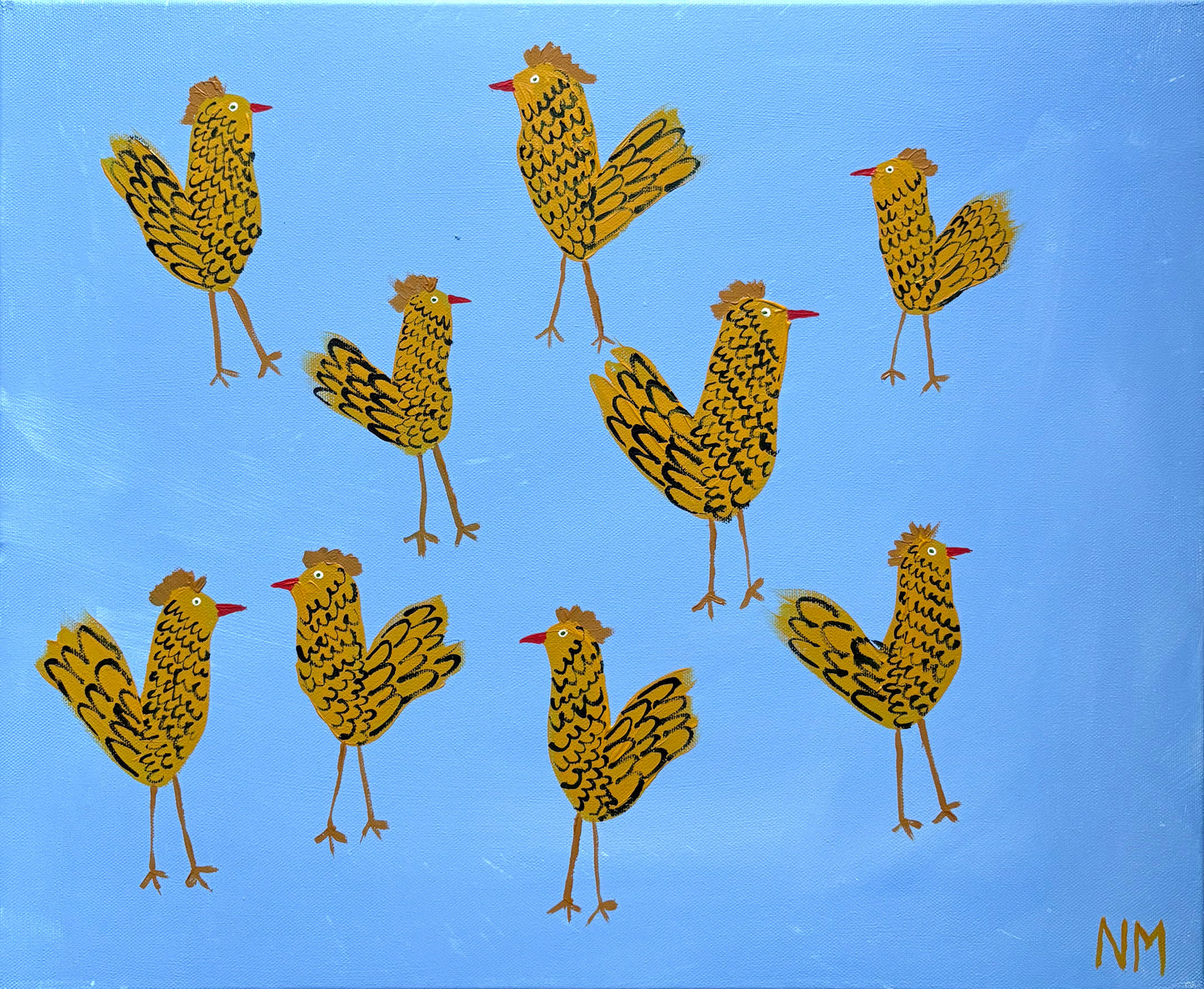 Chickens on blue.