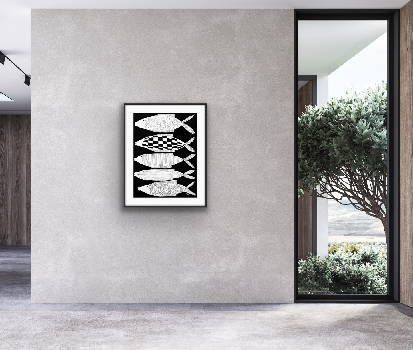 Five white fish print.