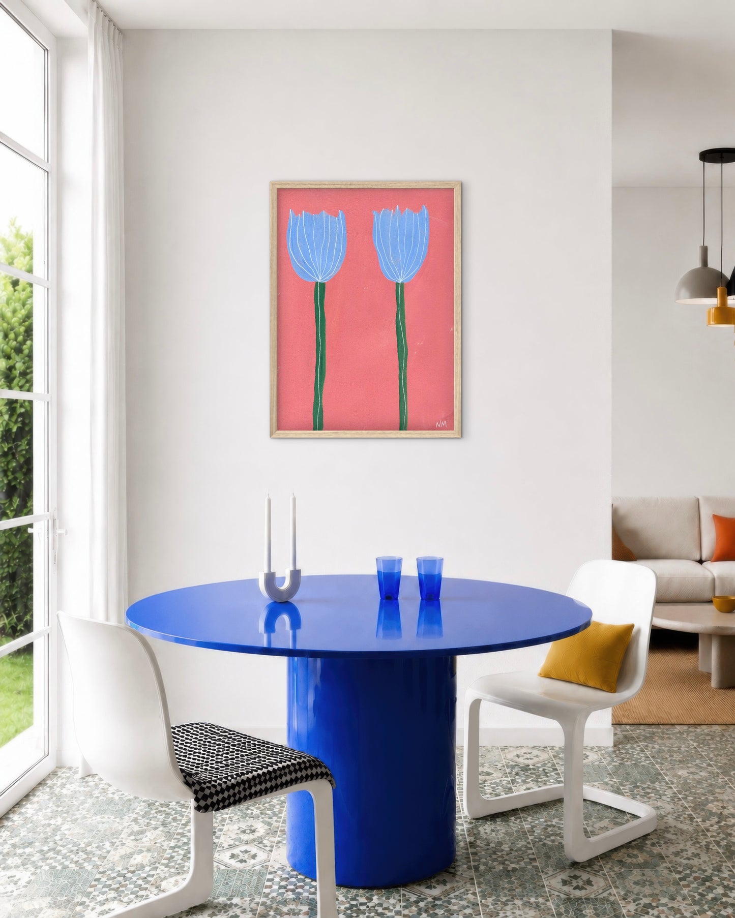 Blue tulips on pink pink.