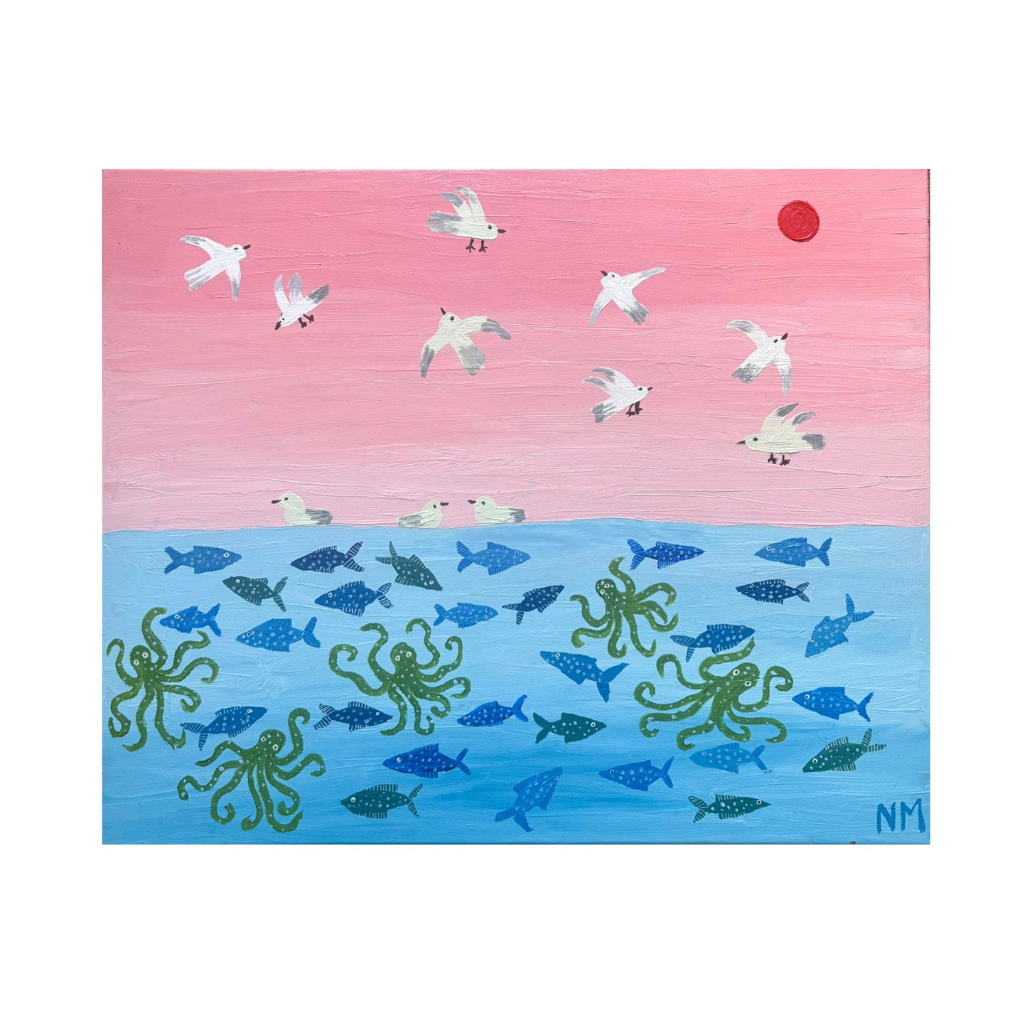 The pink sky and the busy sea.