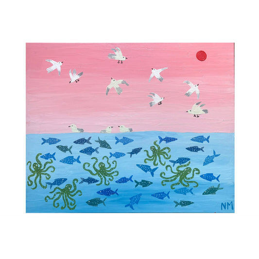 The pink sky and the busy sea.