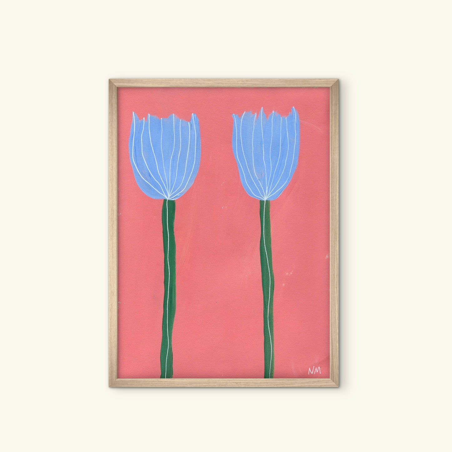 Blue tulips on pink pink.