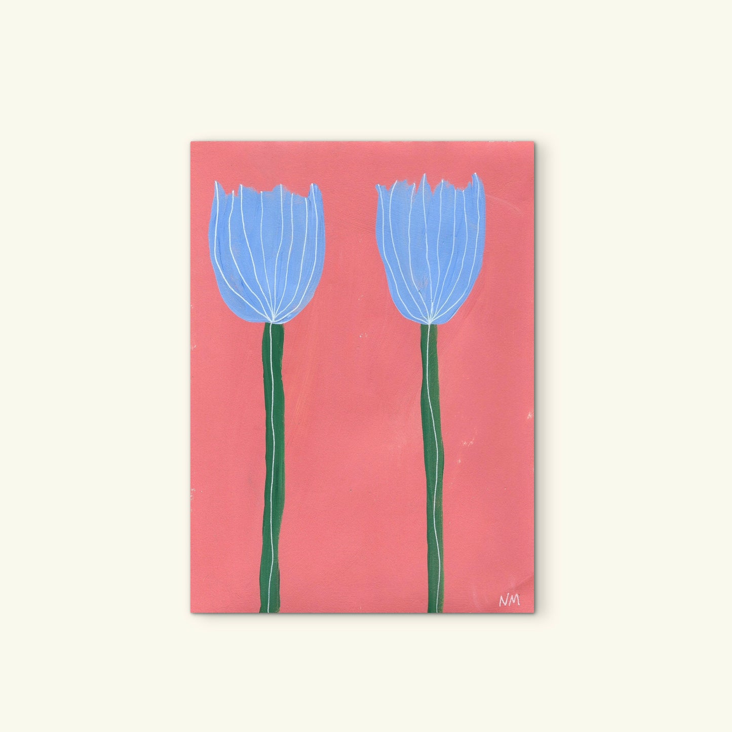 Blue tulips on pink pink.