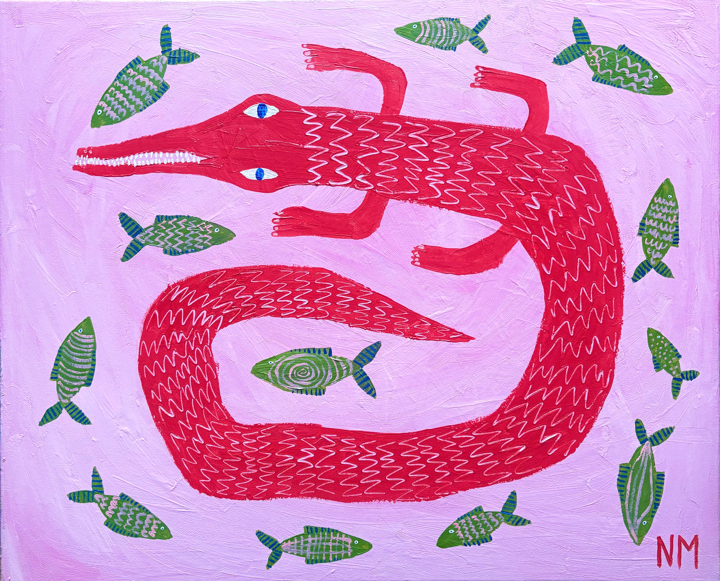 Red crocodile in the pink sea.