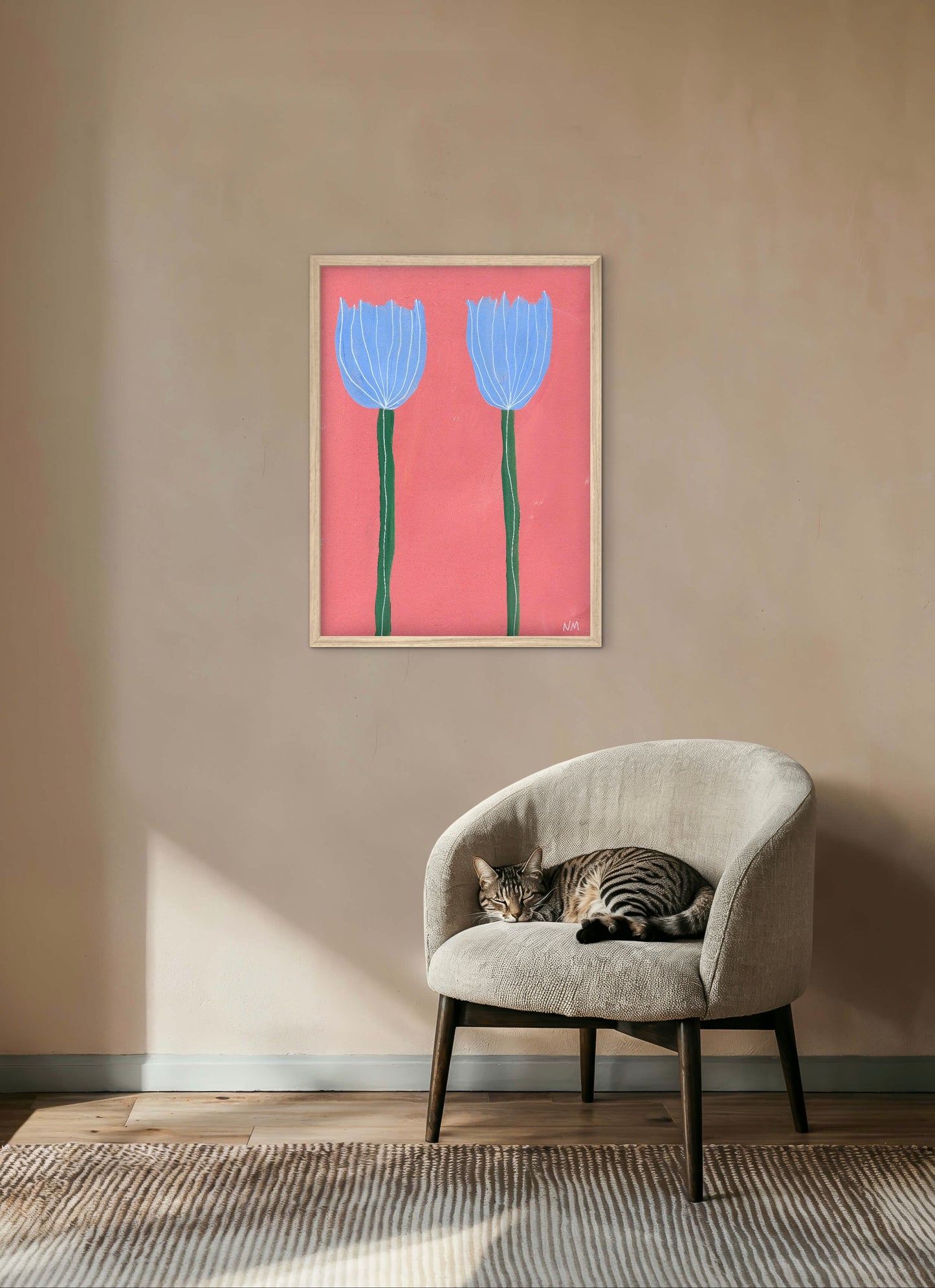 Blue tulips on pink pink.