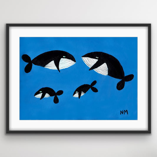 Whale family on blue print.