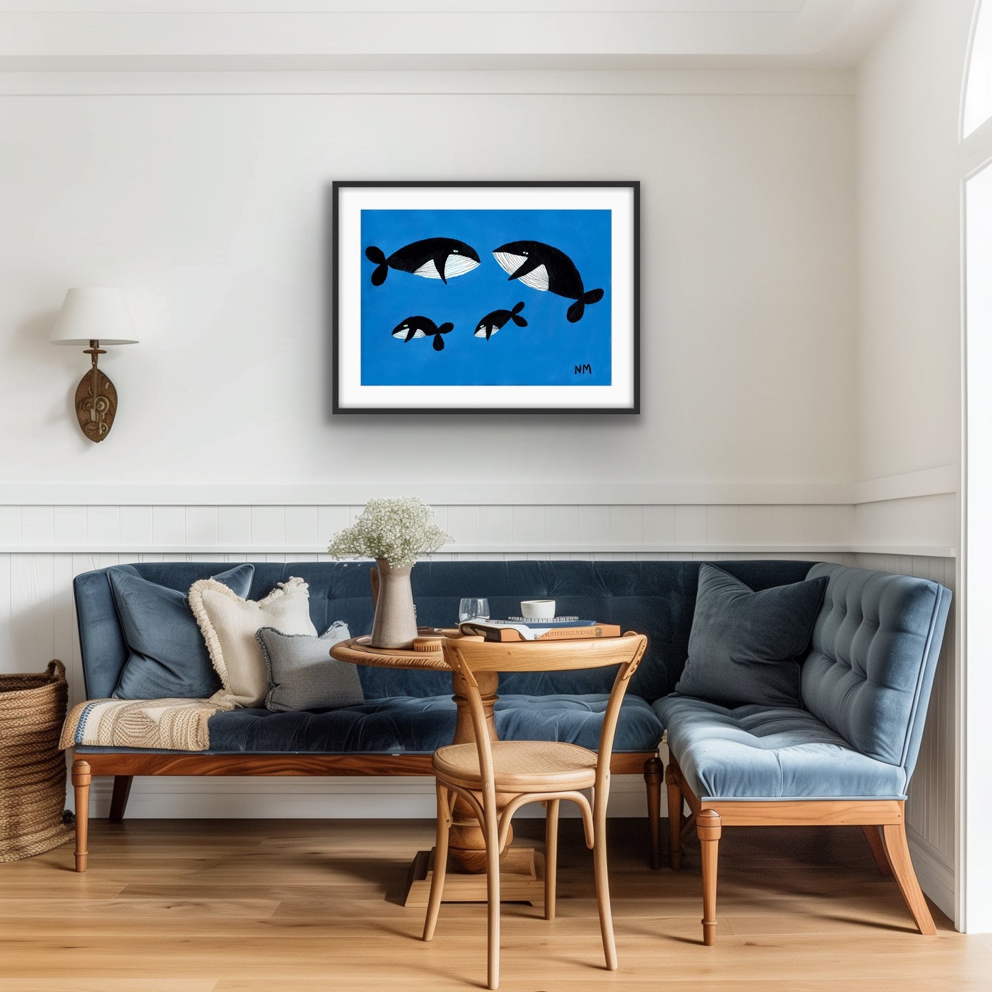 Whale family on blue print.