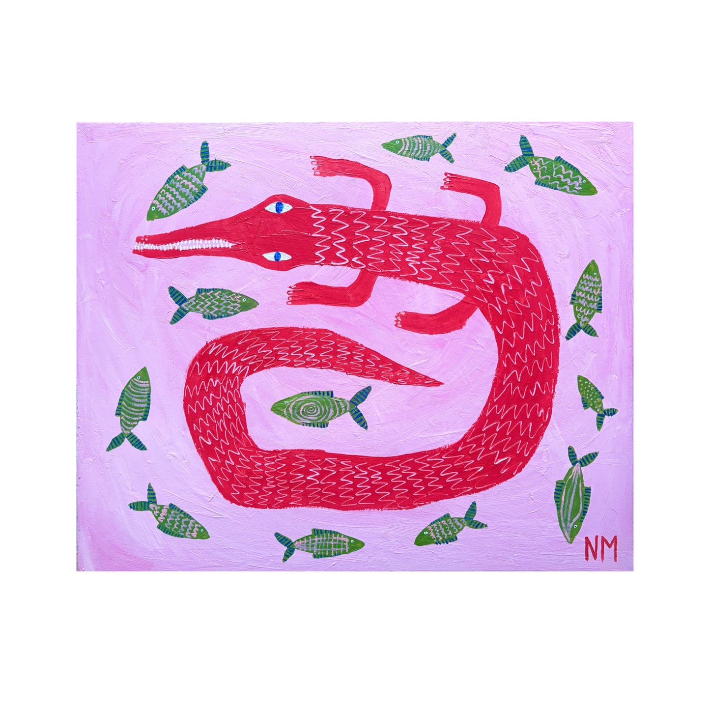 Red crocodile in the pink sea.