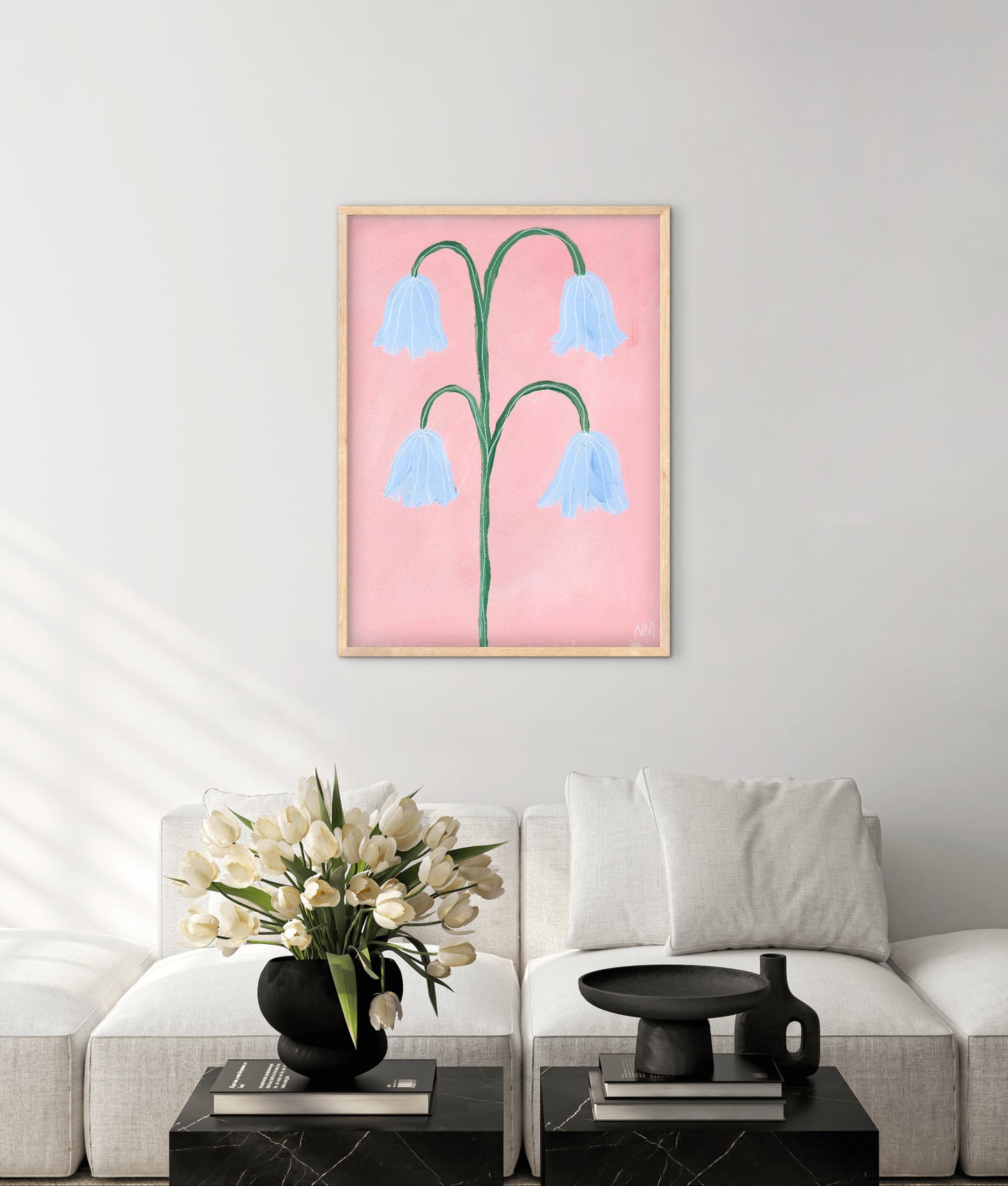 Bluebells on pink print.
