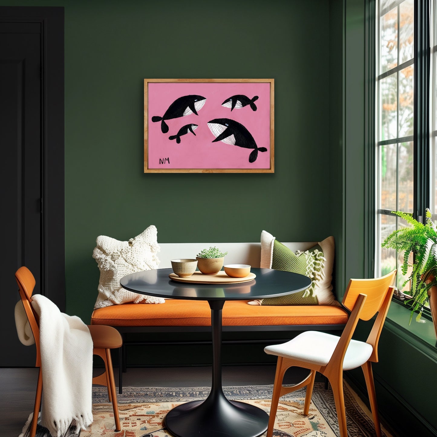 Whale family on pink print.