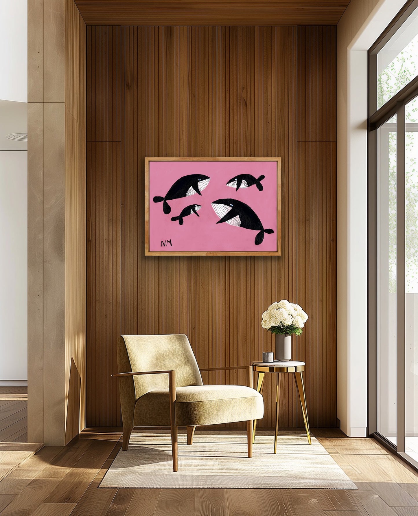 Whale family on pink print.
