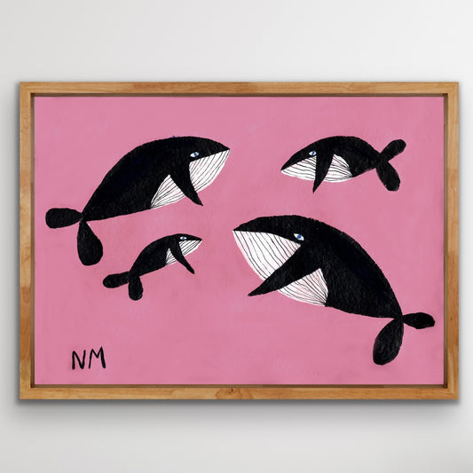 Whale family on pink print.