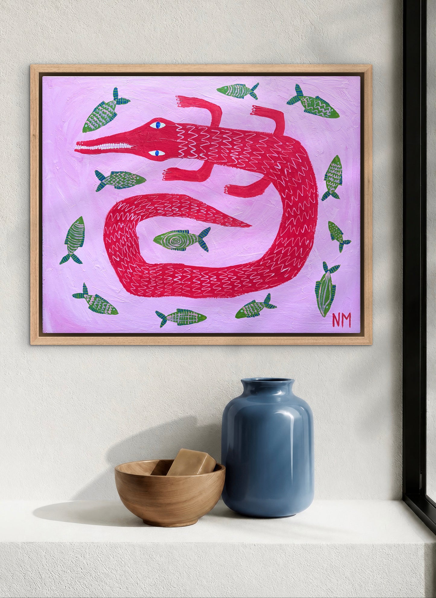 Red crocodile in the pink sea.