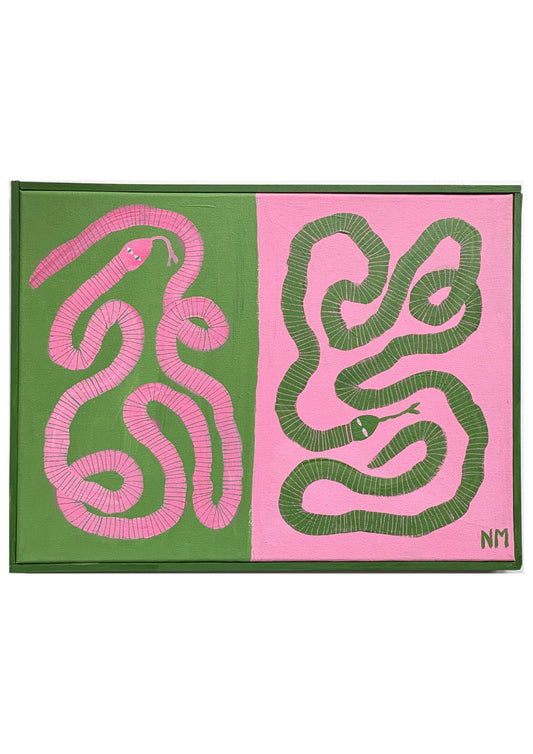Pink and green snakes.