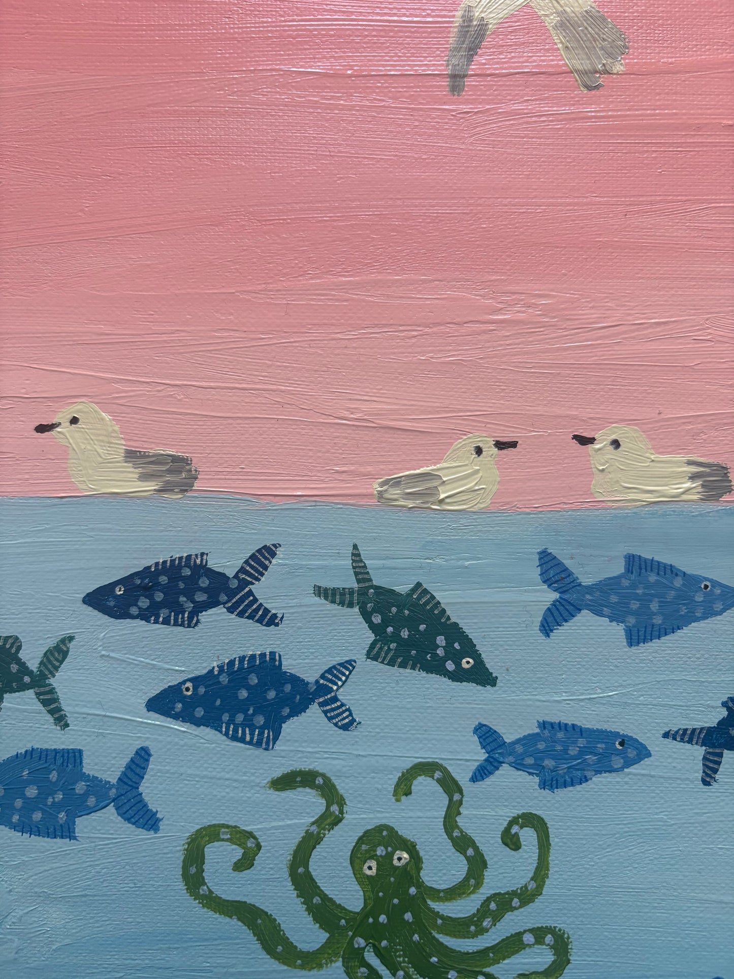 The pink sky and the busy sea.