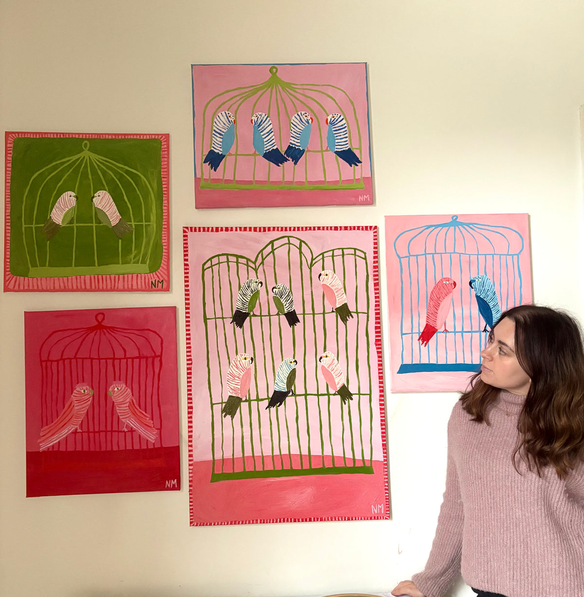 Two pink birds.