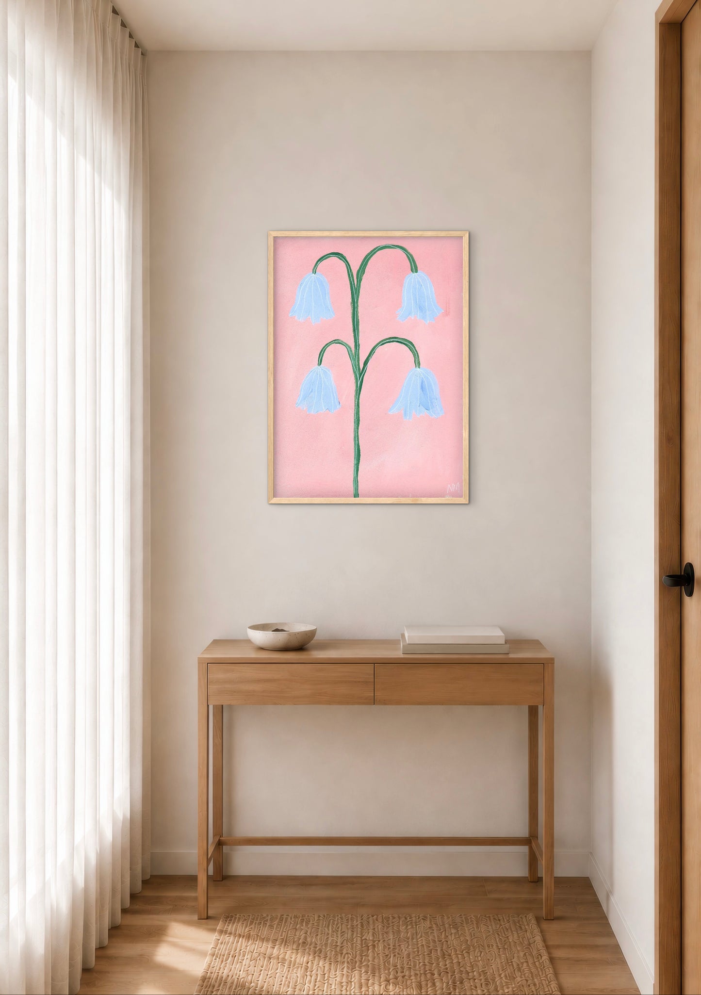 Bluebells on pink print.