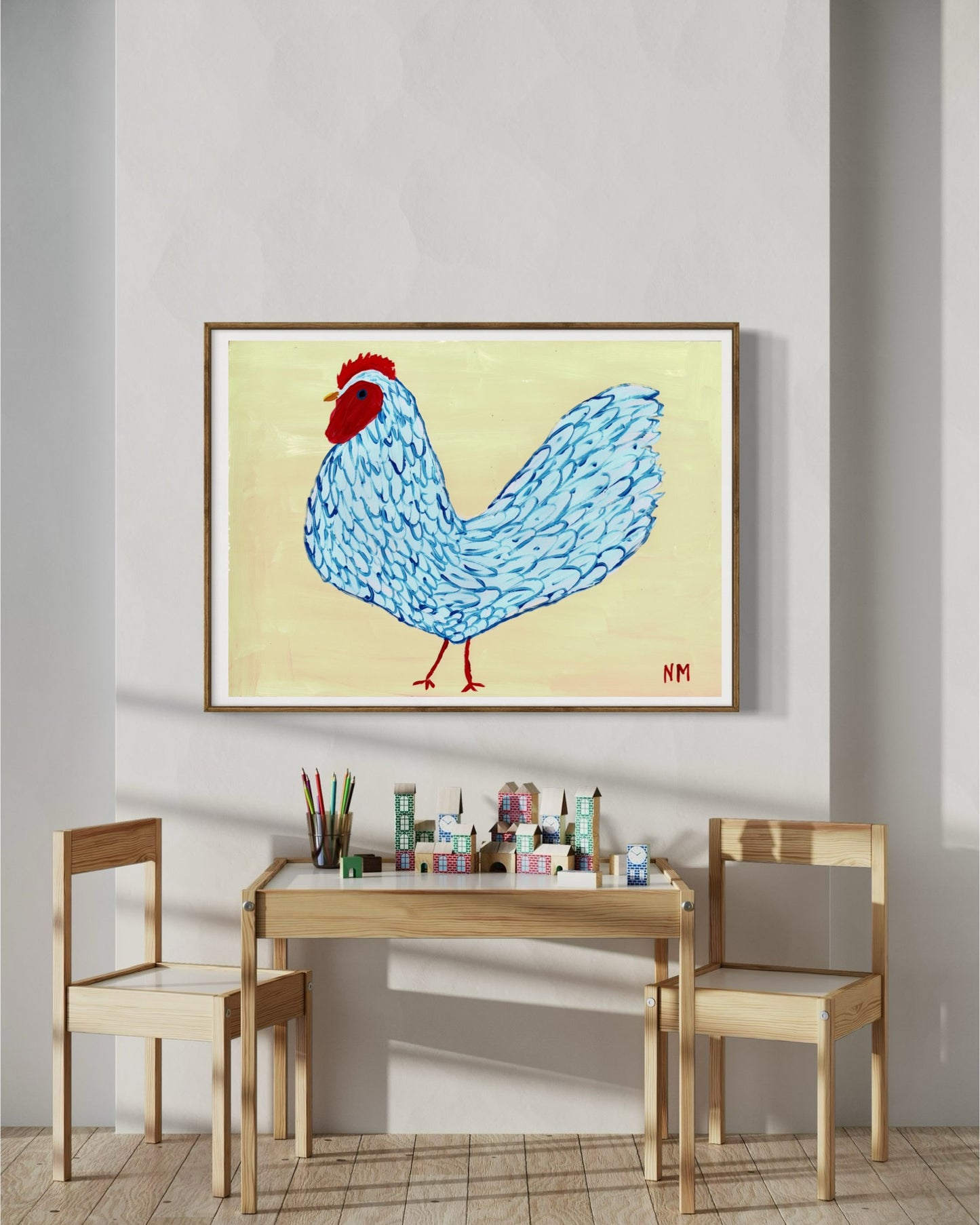 Blue chicken print.